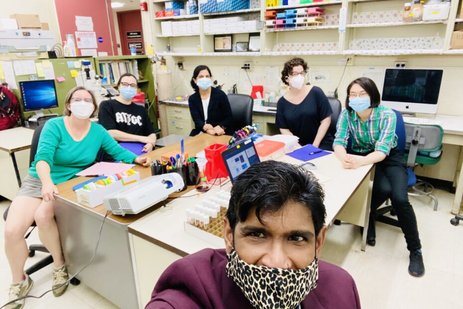 Members took a group selfie while working in the lab