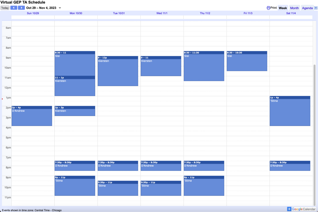 Google Calendar showing a weekly TA schedule example