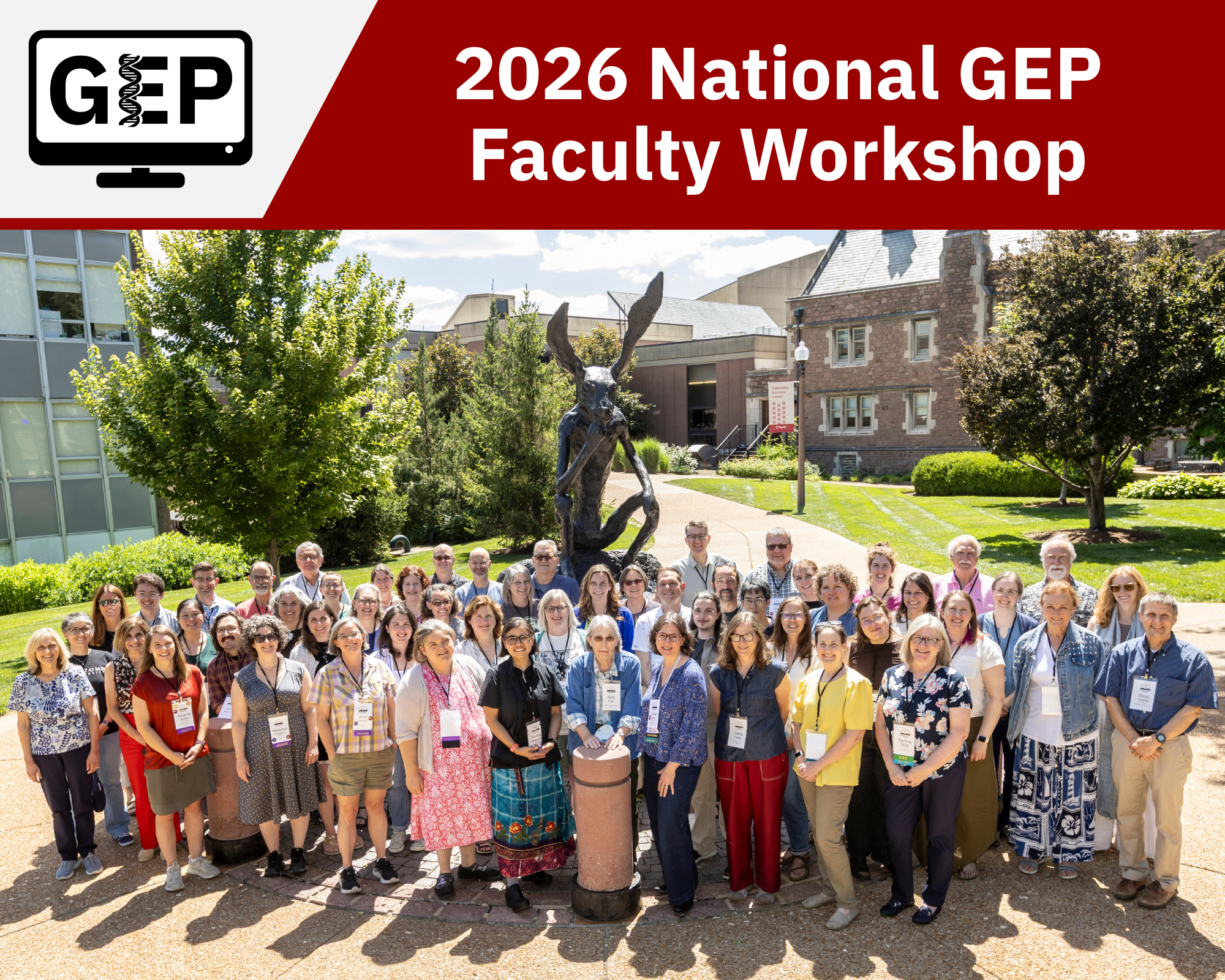 GEP members standing in front of the "Thinker on a Rock" bunny statue at Washington University's Danforth Campus.